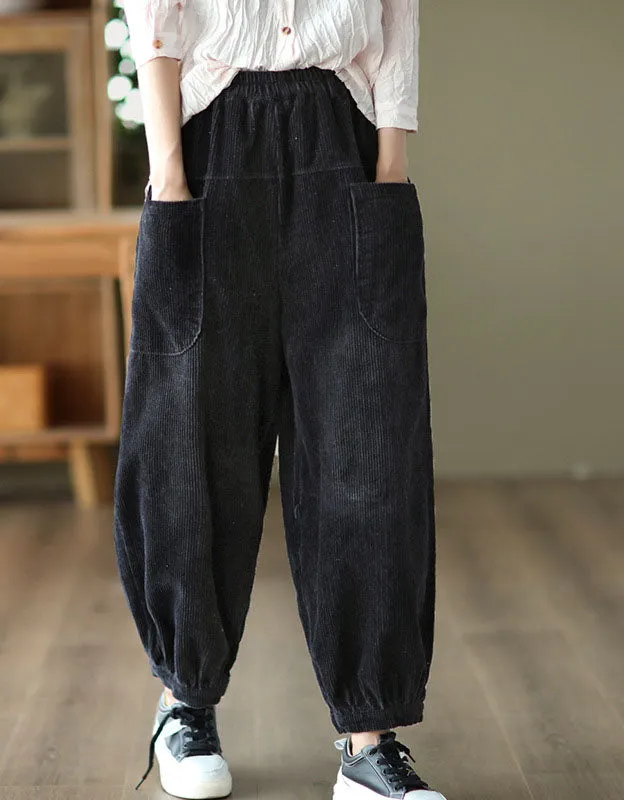 Side Pocket Corduroy Elastic Waist Loose Casual Pants