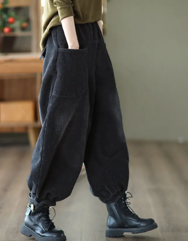 Side Pocket Corduroy Elastic Waist Loose Casual Pants