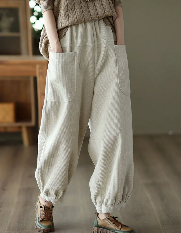 Side Pocket Corduroy Elastic Waist Loose Casual Pants