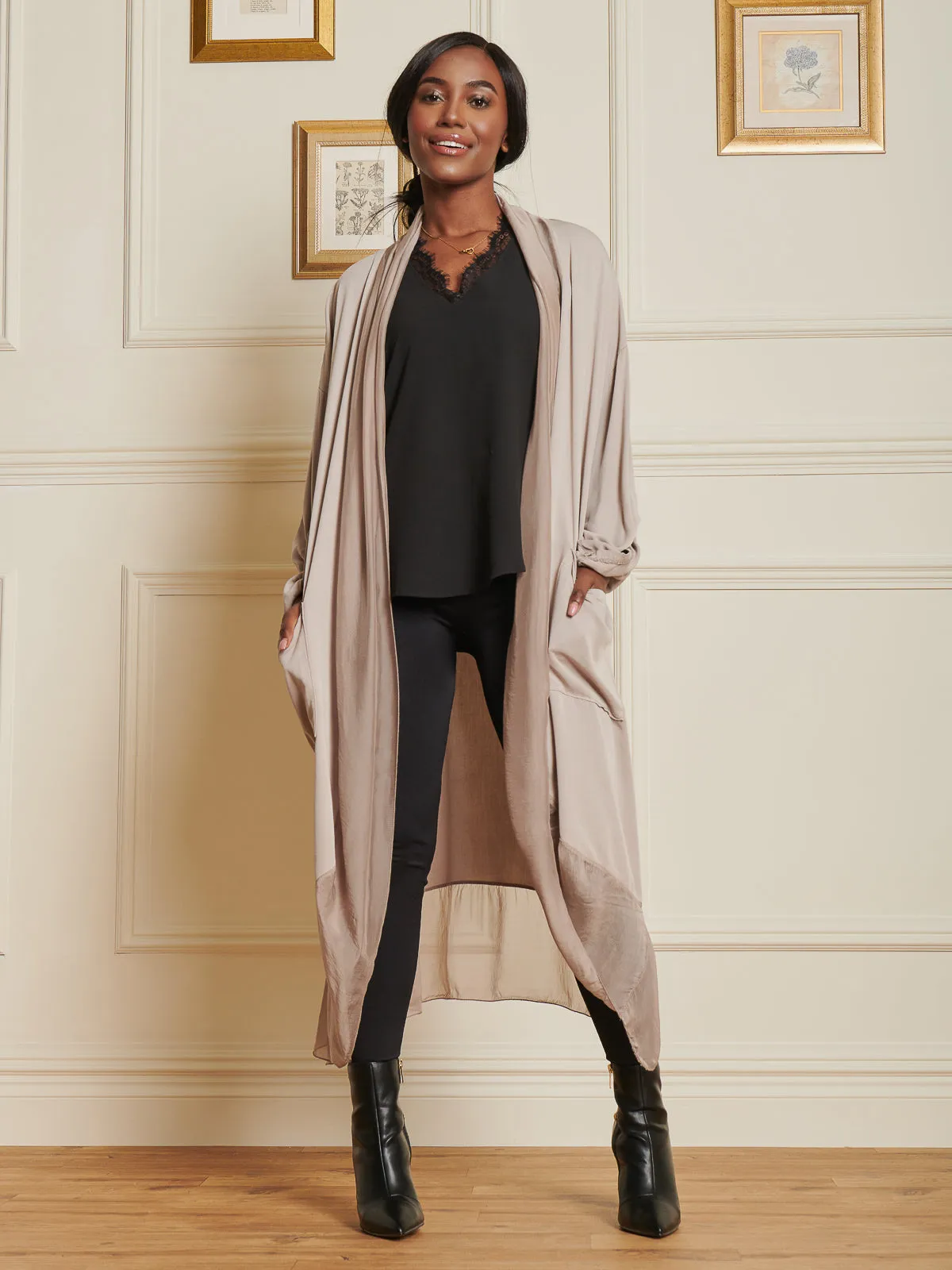 Silk Trim Wrap Tunic Maxi Dress, Taupe