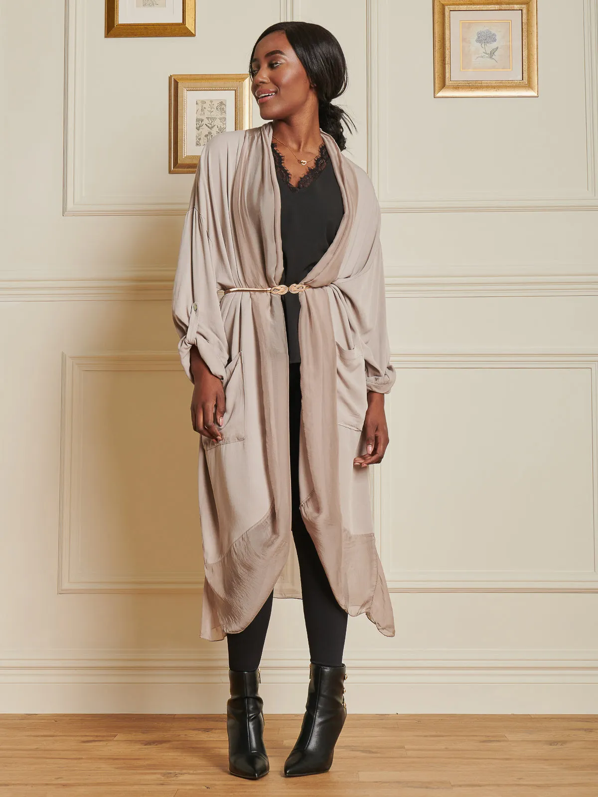 Silk Trim Wrap Tunic Maxi Dress, Taupe