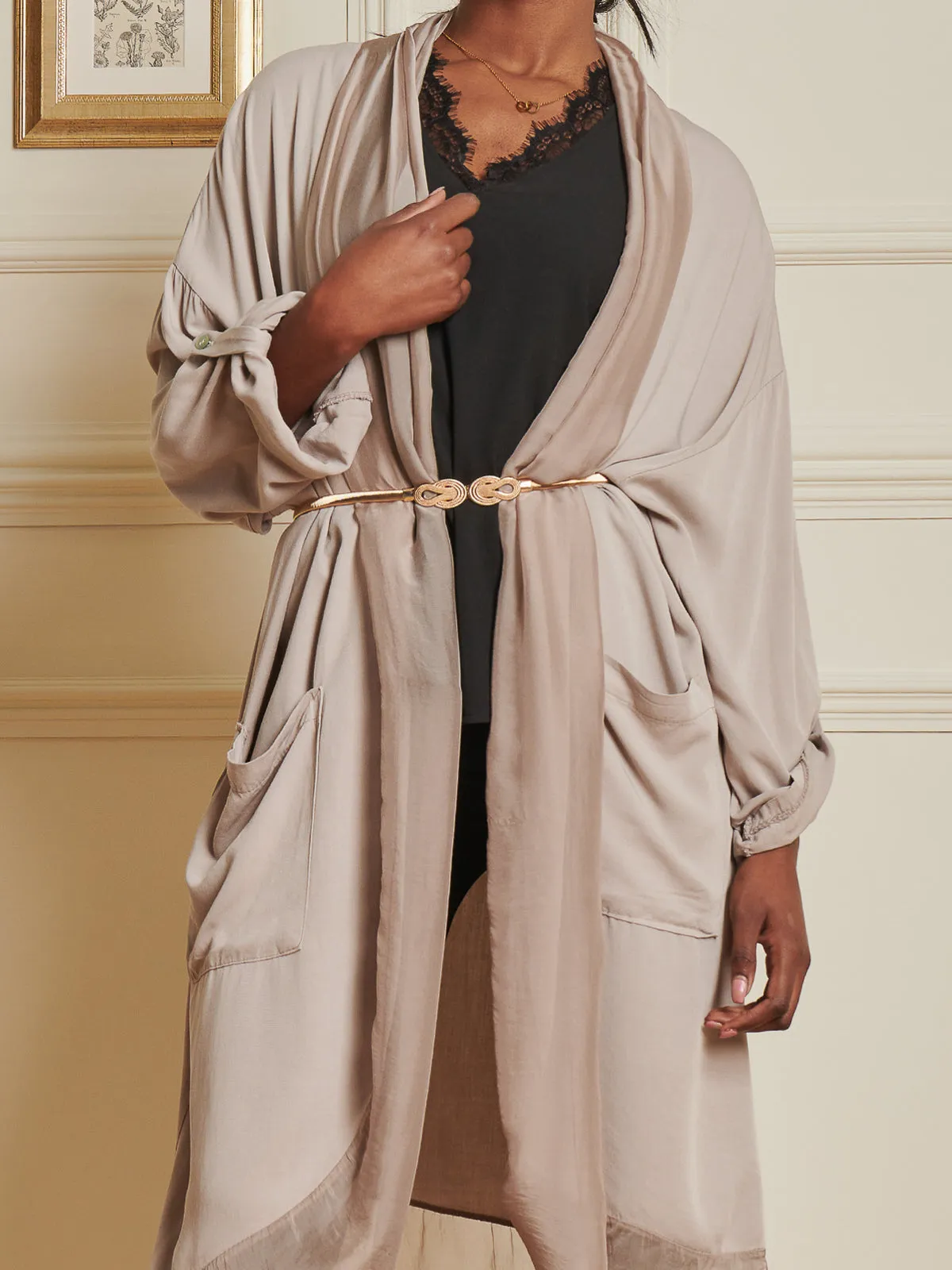 Silk Trim Wrap Tunic Maxi Dress, Taupe