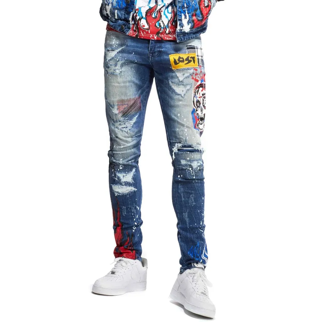 Skull & Flame Graphic Denim -Pebble Blue