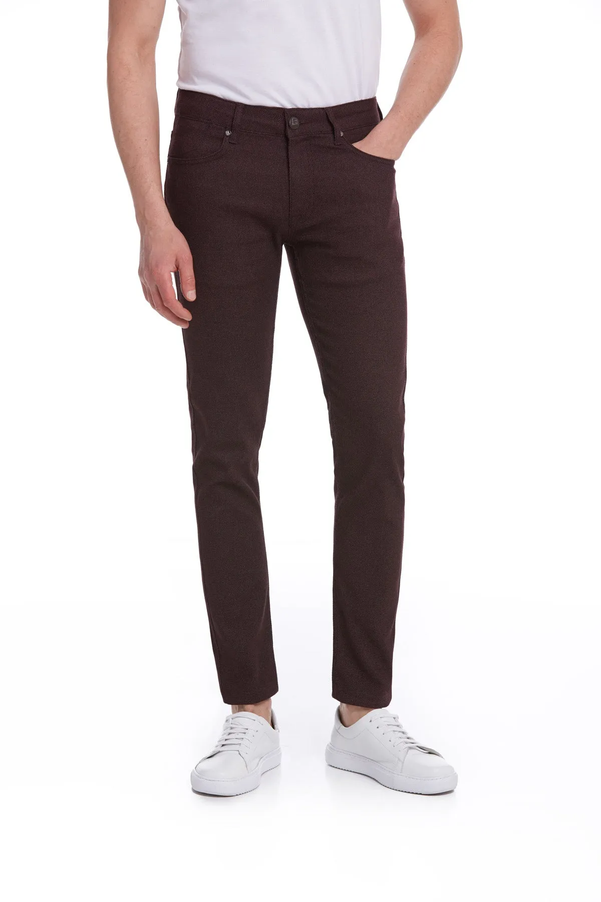 Slim Fit Low Waist Burgundy Cotton Casual Pants