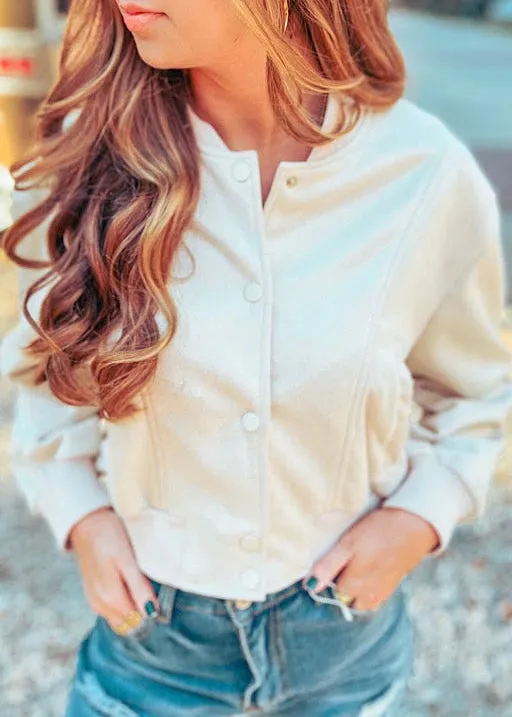 So Slick Cream Suede Bomber Jacket