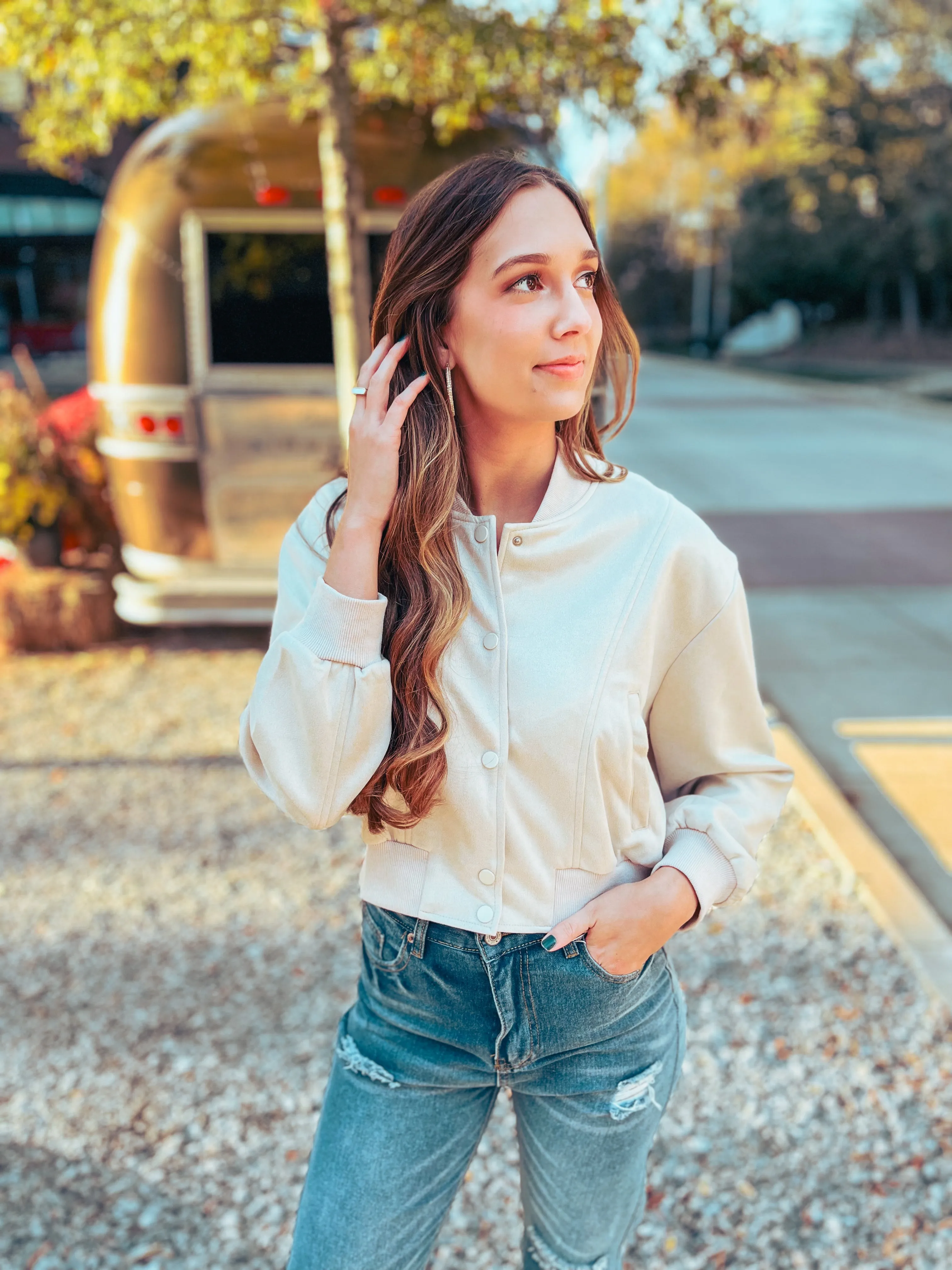 So Slick Cream Suede Bomber Jacket