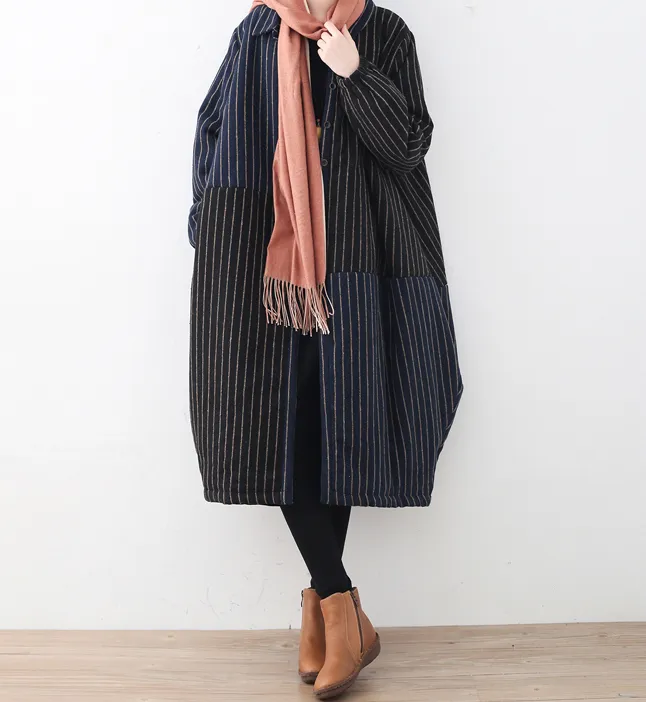 Stripe Autumn Wool Long Women Casual Plus Size Coat Jacket JT201002