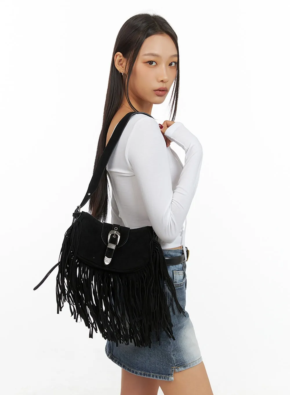 Suede Fringe Buckle Shoulder Bag IS427