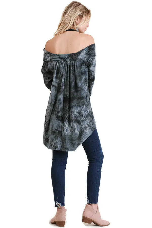 Tie Dye Off The Shoulder High Low Tunic, Black