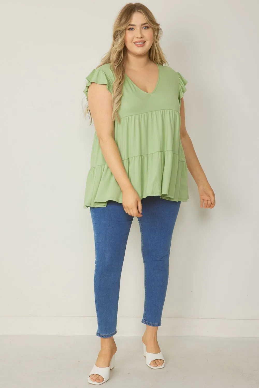 Tiered Ruffle Babydoll Top, Sage