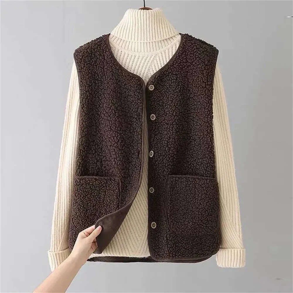 Vests New Spring Autumn Women Button Waistcoat Lamb Wool Winter Thermal Warm Thick Fleece Vests Sleeveless Jacket Ladies Coats