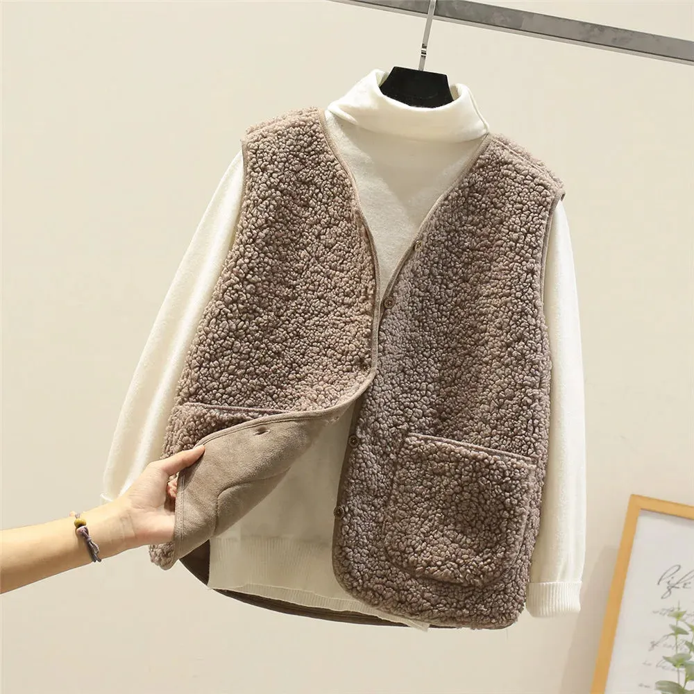 Vests New Spring Autumn Women Button Waistcoat Lamb Wool Winter Thermal Warm Thick Fleece Vests Sleeveless Jacket Ladies Coats