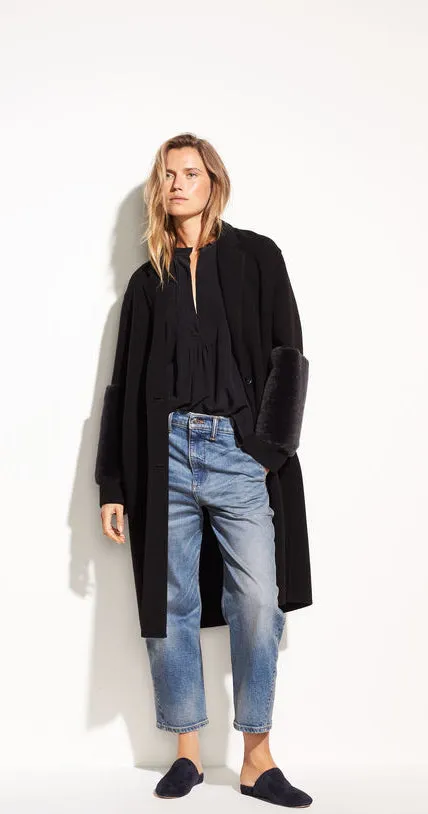 Vince Black Oversized Long Coat with Shearling Banded Sleeves