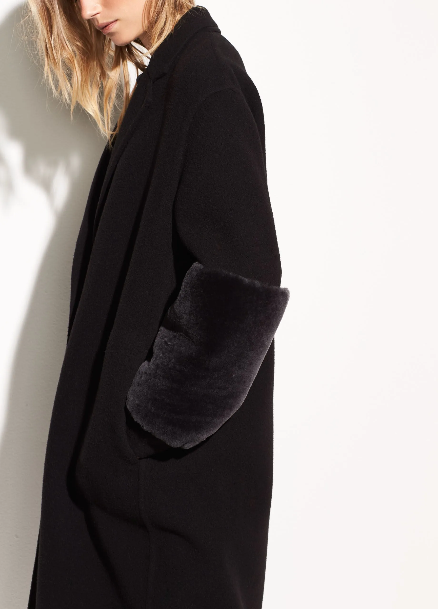 Vince Black Oversized Long Coat with Shearling Banded Sleeves