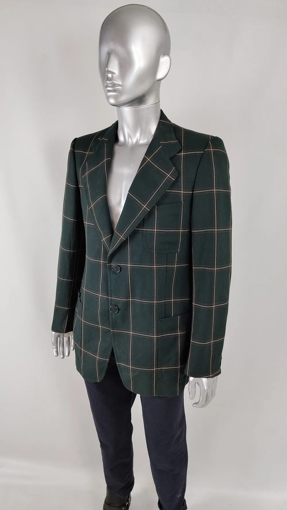 Vintage Mens Dark Green Windowpane Check Blazer, 1970s