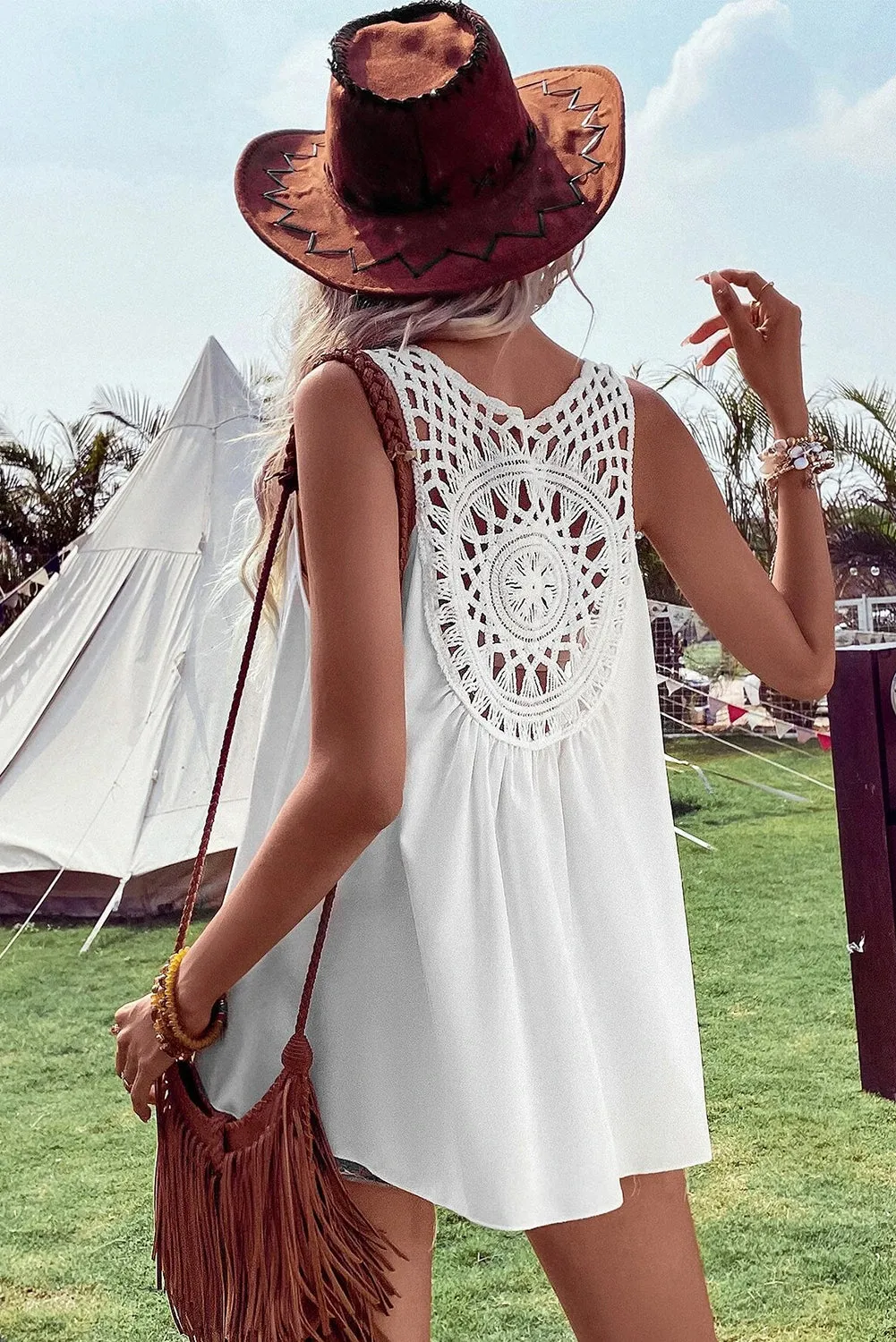 White Bohemian Crochet Sleeveless Tunic Top