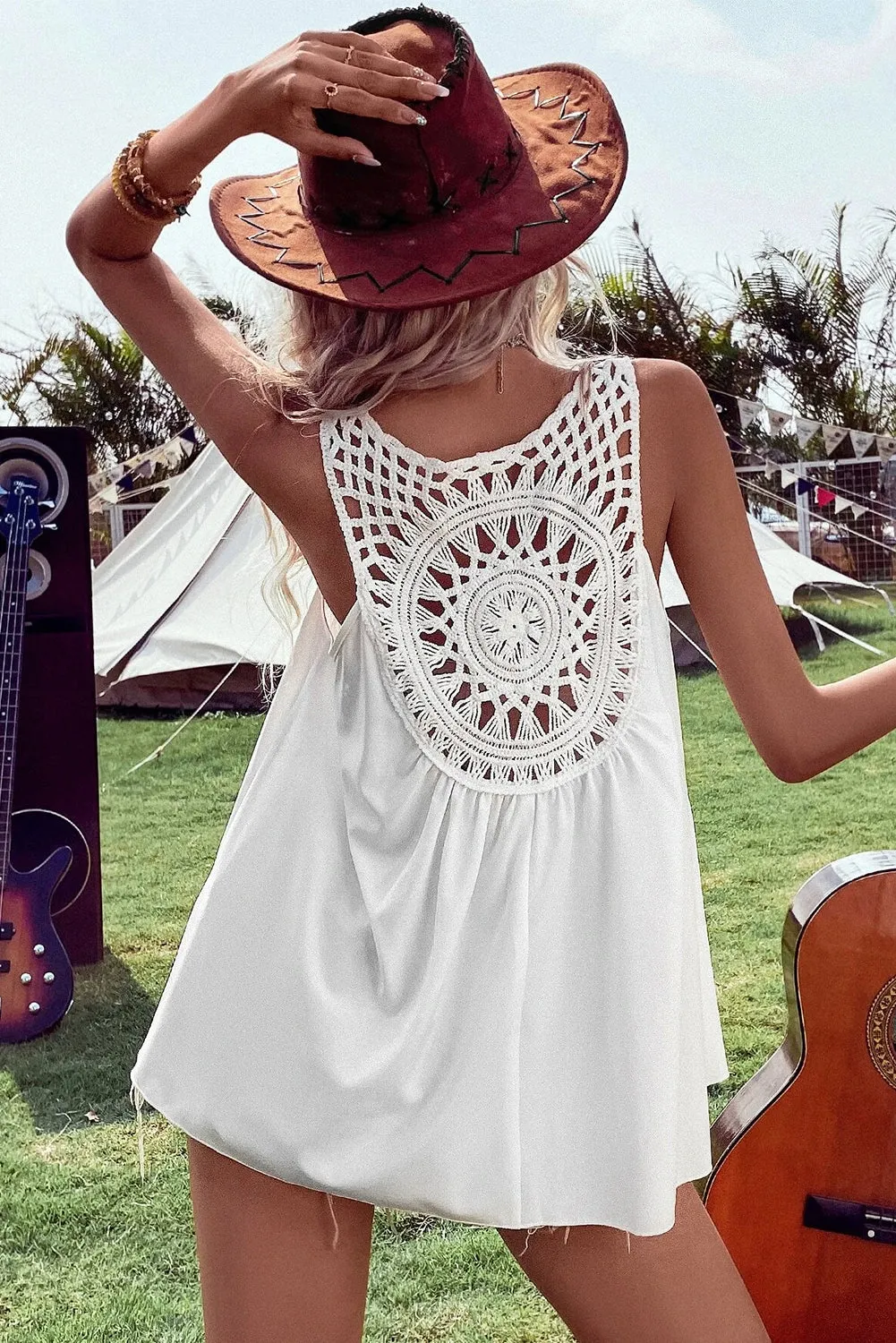 White Bohemian Crochet Sleeveless Tunic Top