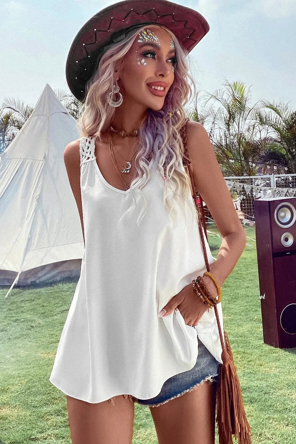 White Bohemian Crochet Sleeveless Tunic Top