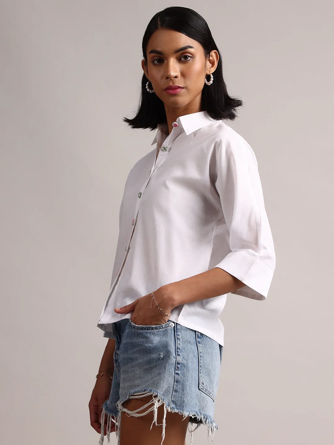 White Cotton Solid Shirt Style Top