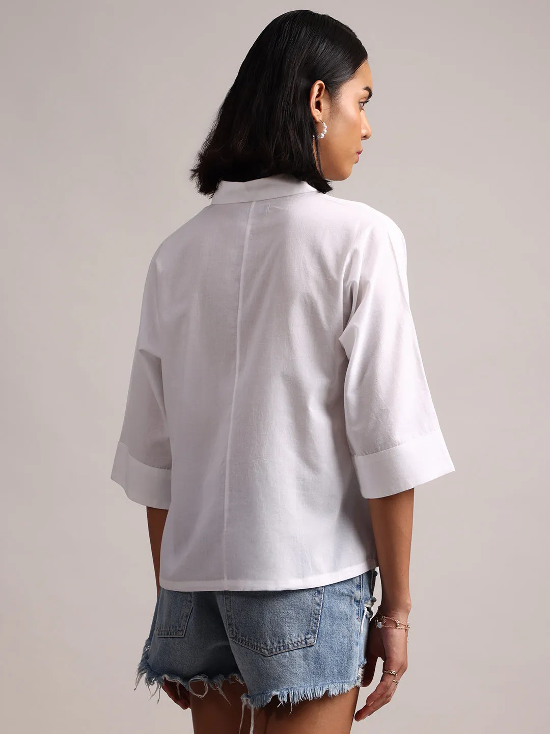 White Cotton Solid Shirt Style Top