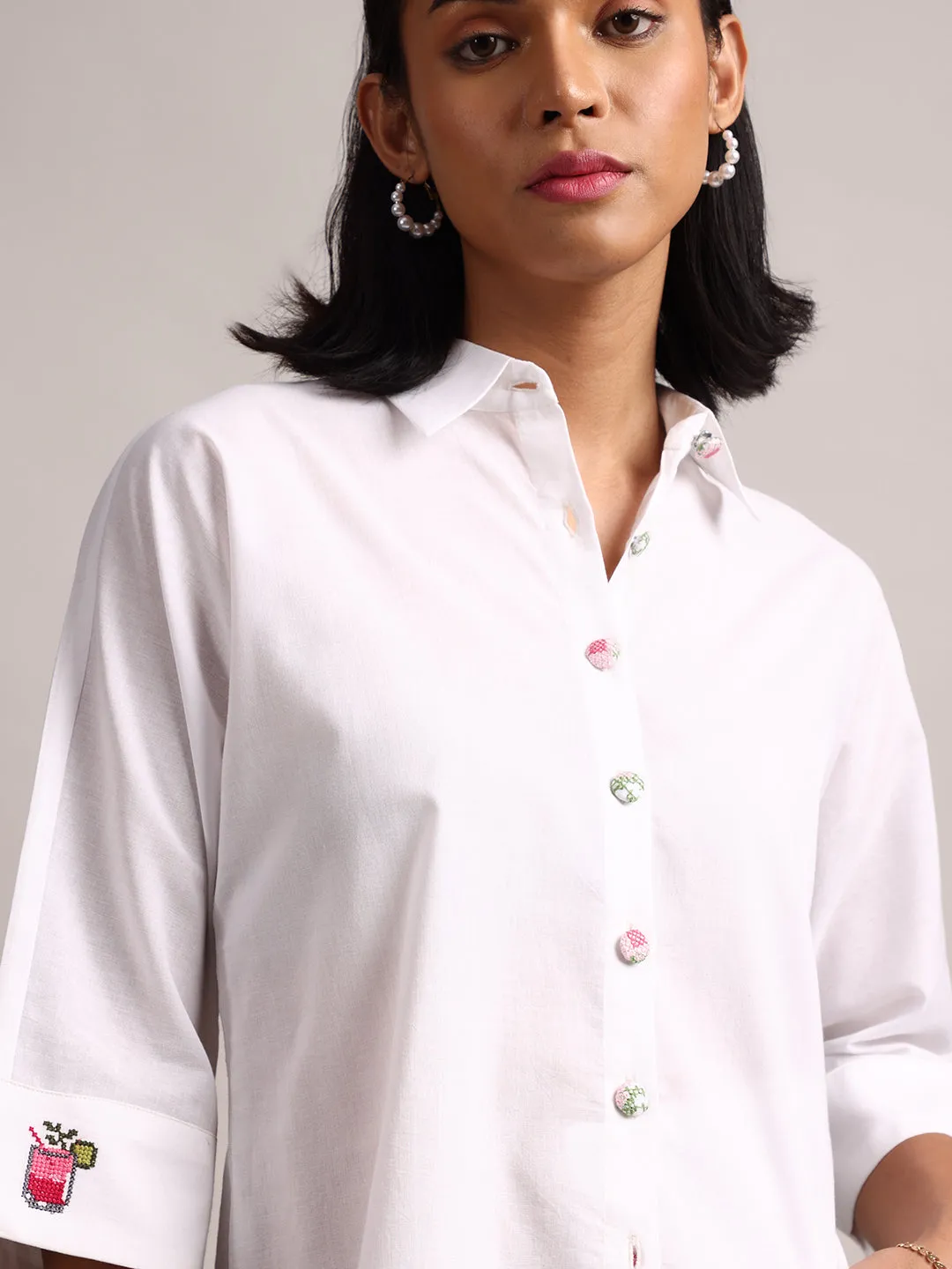 White Cotton Solid Shirt Style Top