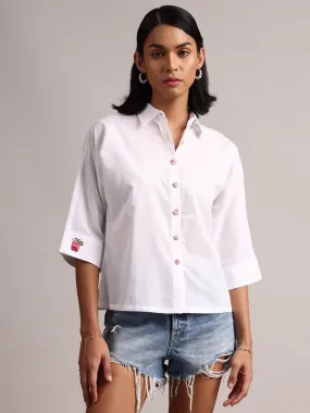 White Cotton Solid Shirt Style Top