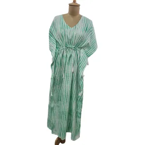 White Green Tie Dye Print Cotton Kaftan