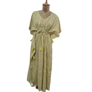 White Yellow Chevron Print Cotton Kaftan