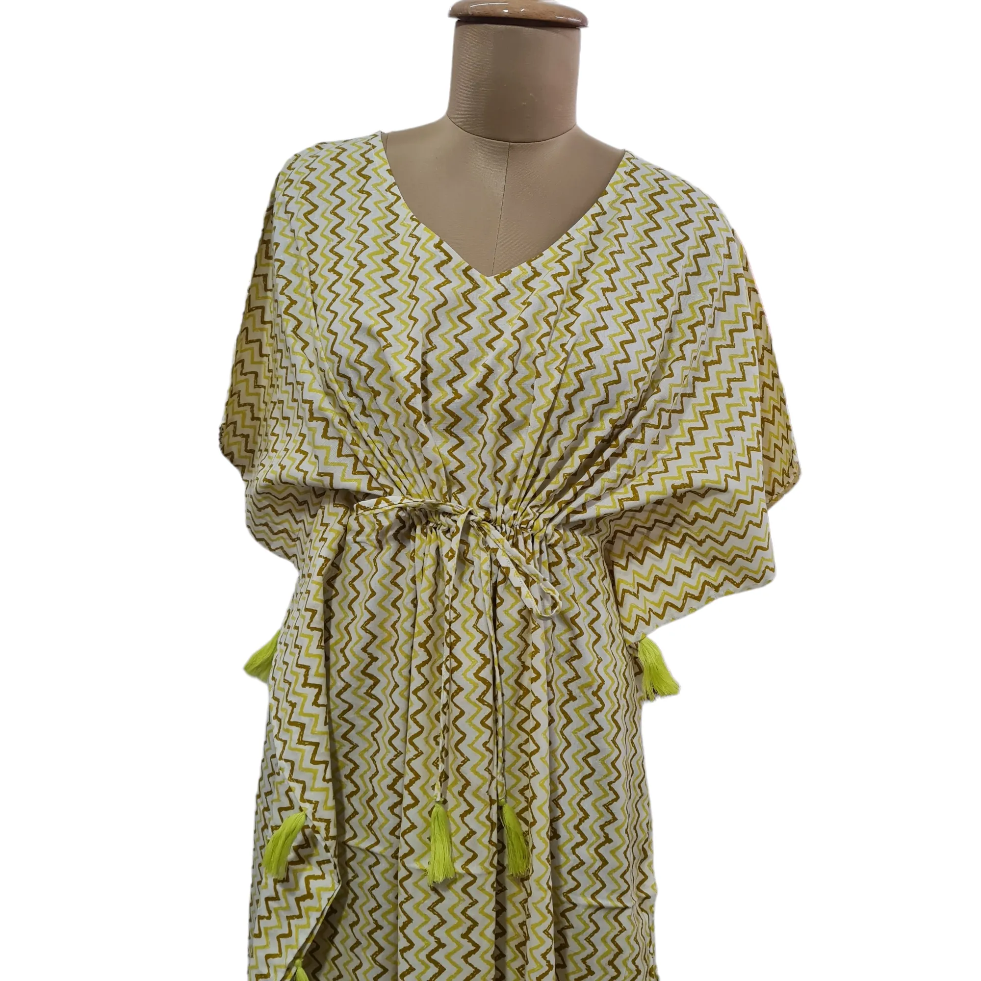 White Yellow Chevron Print Cotton Kaftan