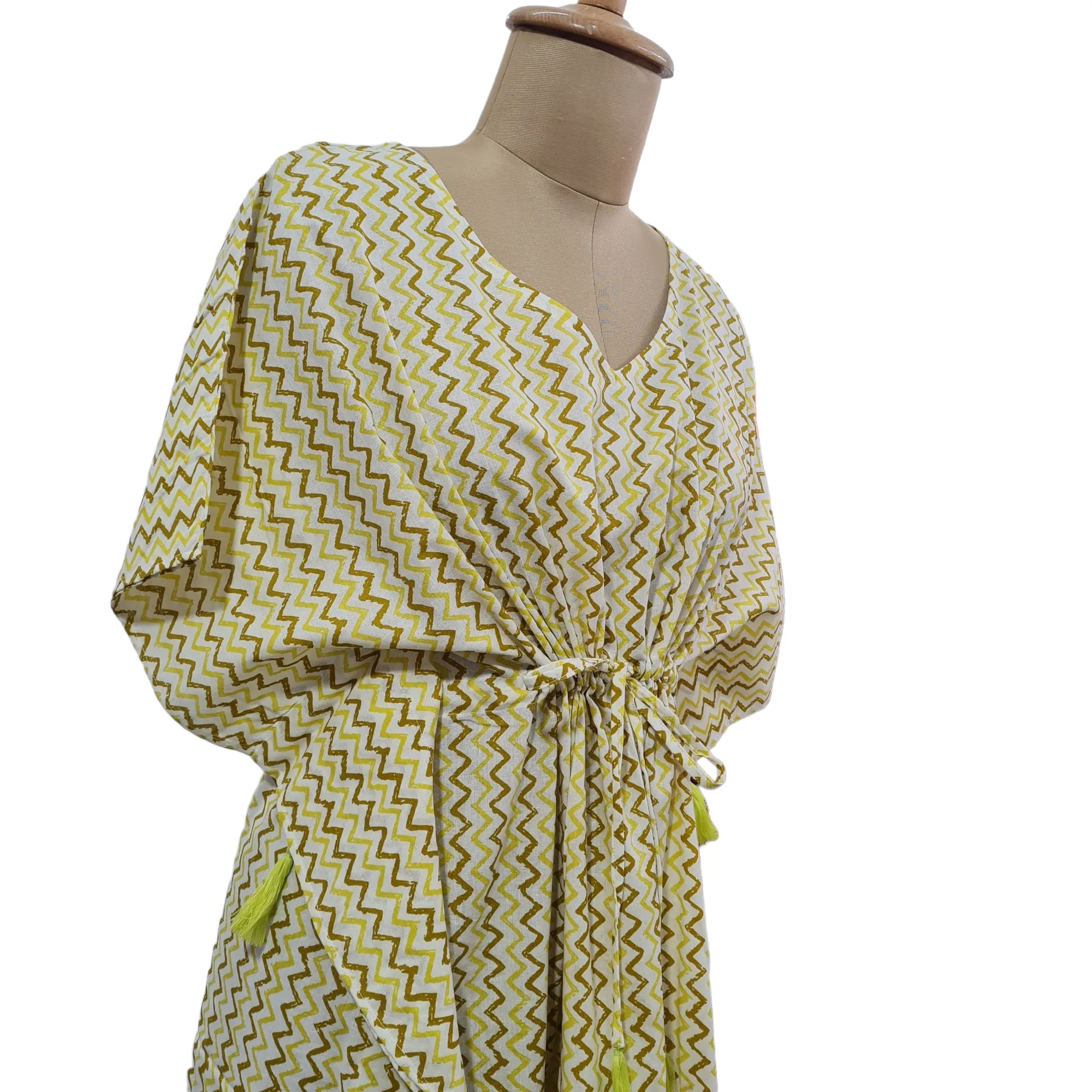 White Yellow Chevron Print Cotton Kaftan