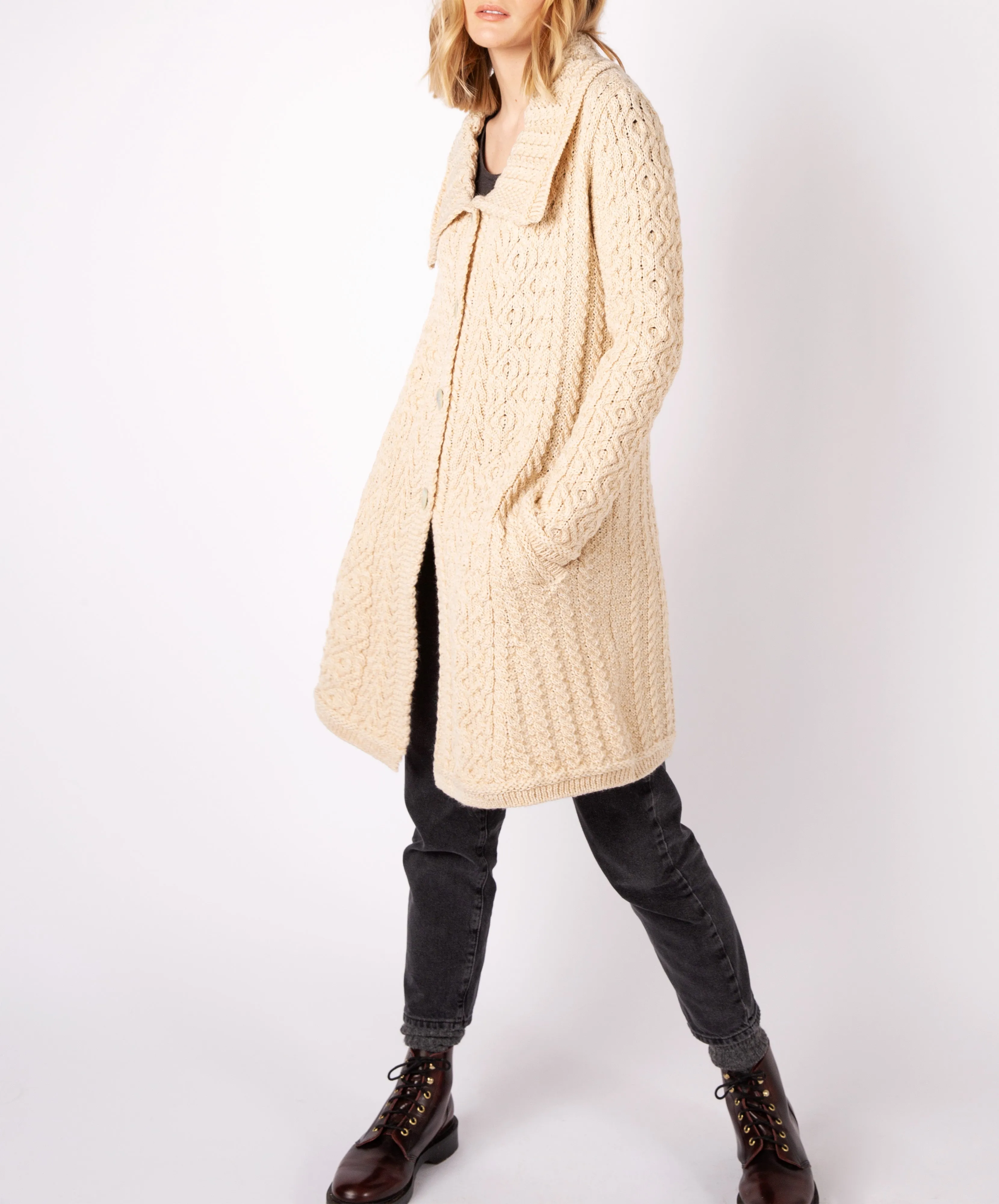 Willow Aran A Line Buttoned Coat Oatmeal Marl