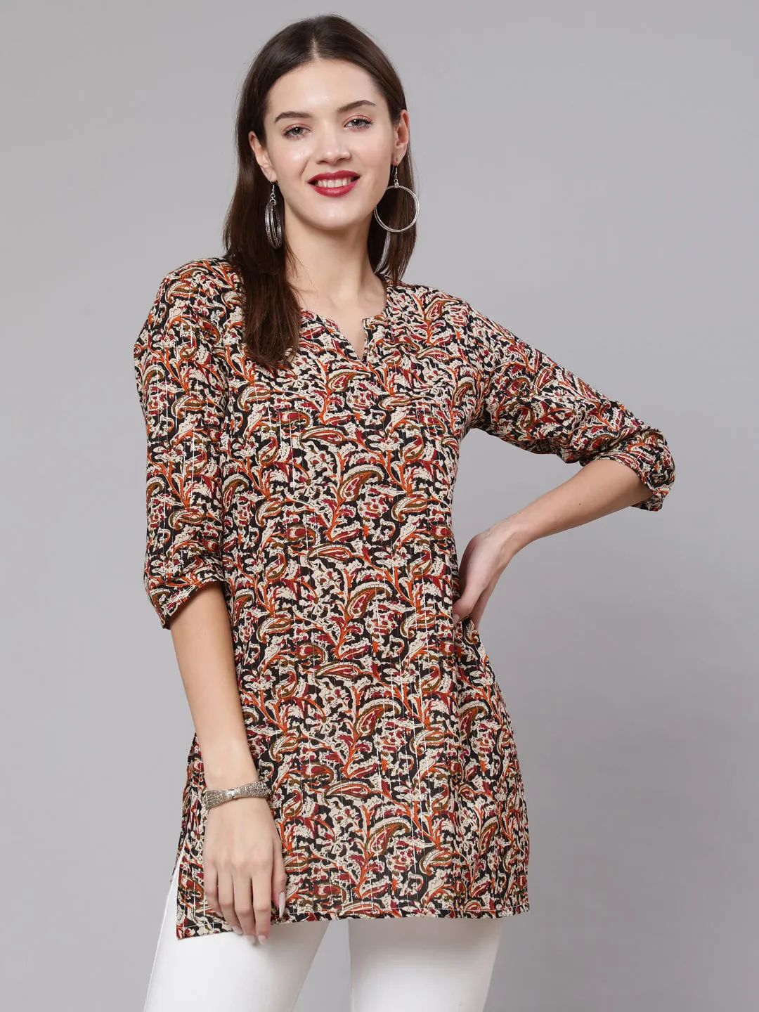 Women Multi Ethnic Printed Straight Tunic With Three Quarter Sleeves