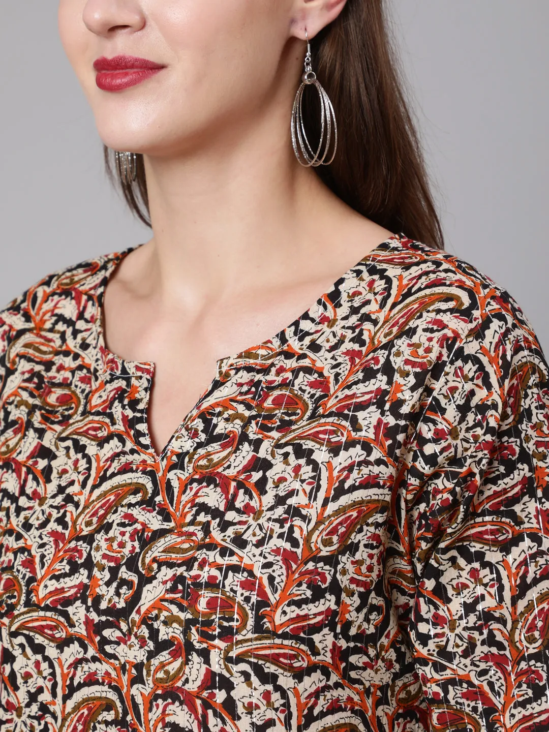 Women Multi Ethnic Printed Straight Tunic With Three Quarter Sleeves