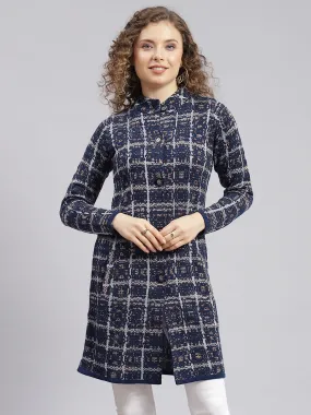 Women Navy Blue Jaquard Wool blend Knitted Coat