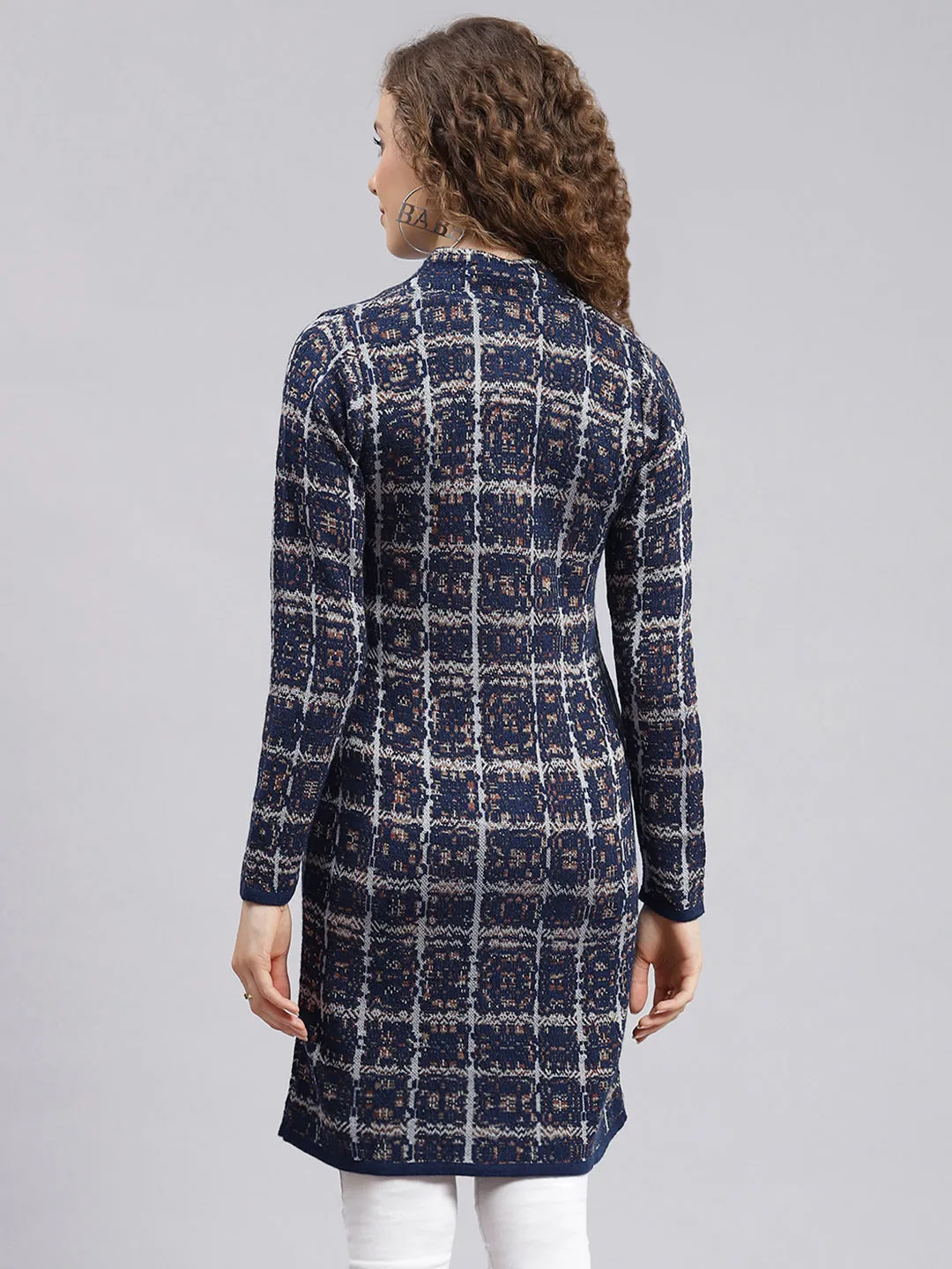 Women Navy Blue Jaquard Wool blend Knitted Coat