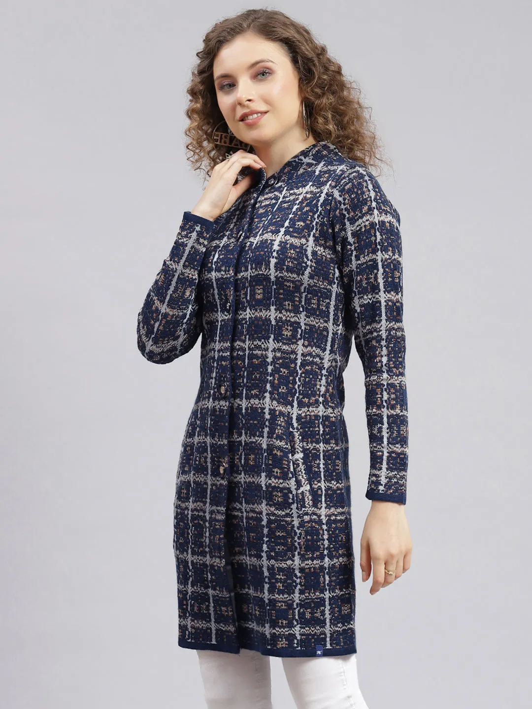 Women Navy Blue Jaquard Wool blend Knitted Coat