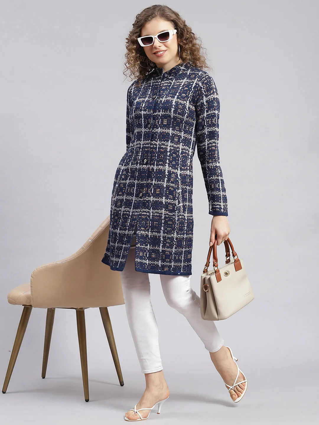 Women Navy Blue Jaquard Wool blend Knitted Coat