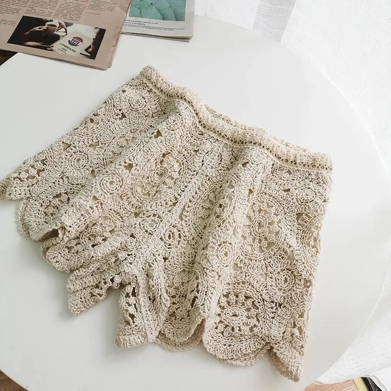 Women Summer Shorts Elastic Waist Lace Crochet Short Pants