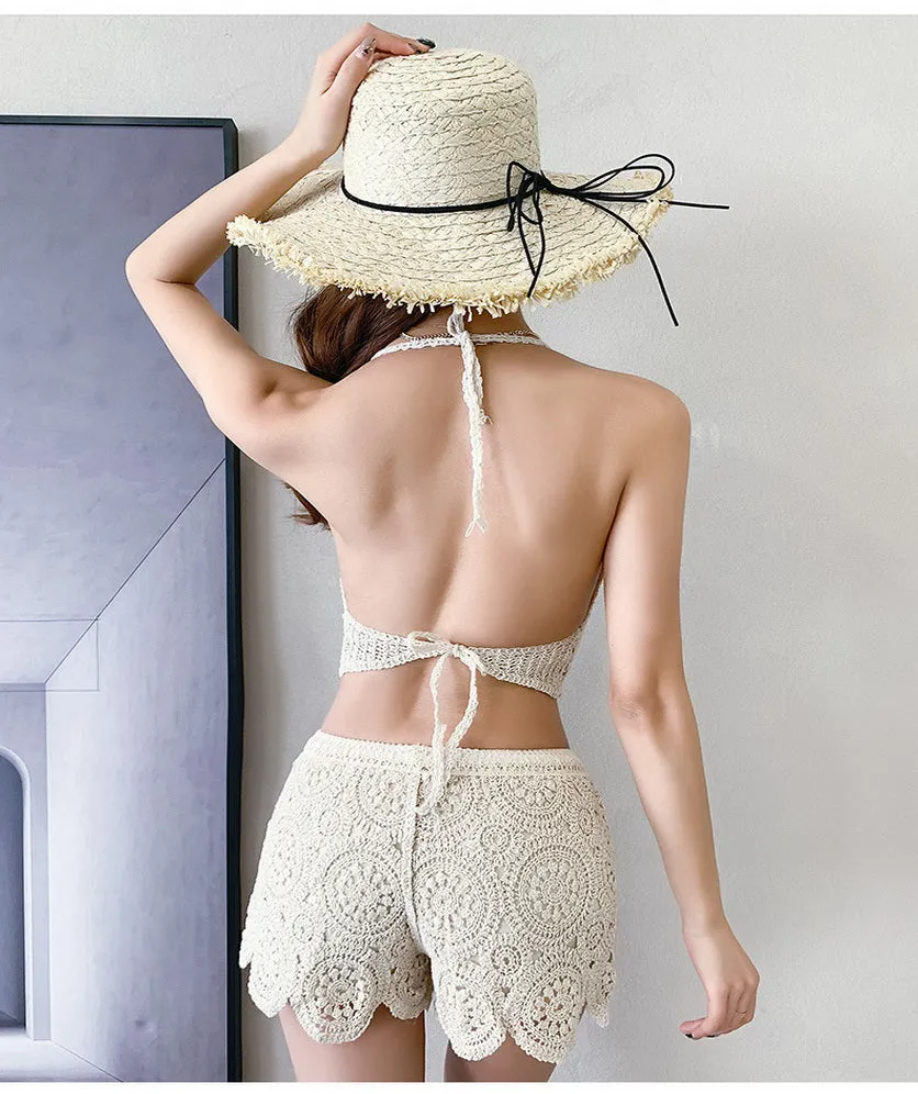 Women Summer Shorts Elastic Waist Lace Crochet Short Pants