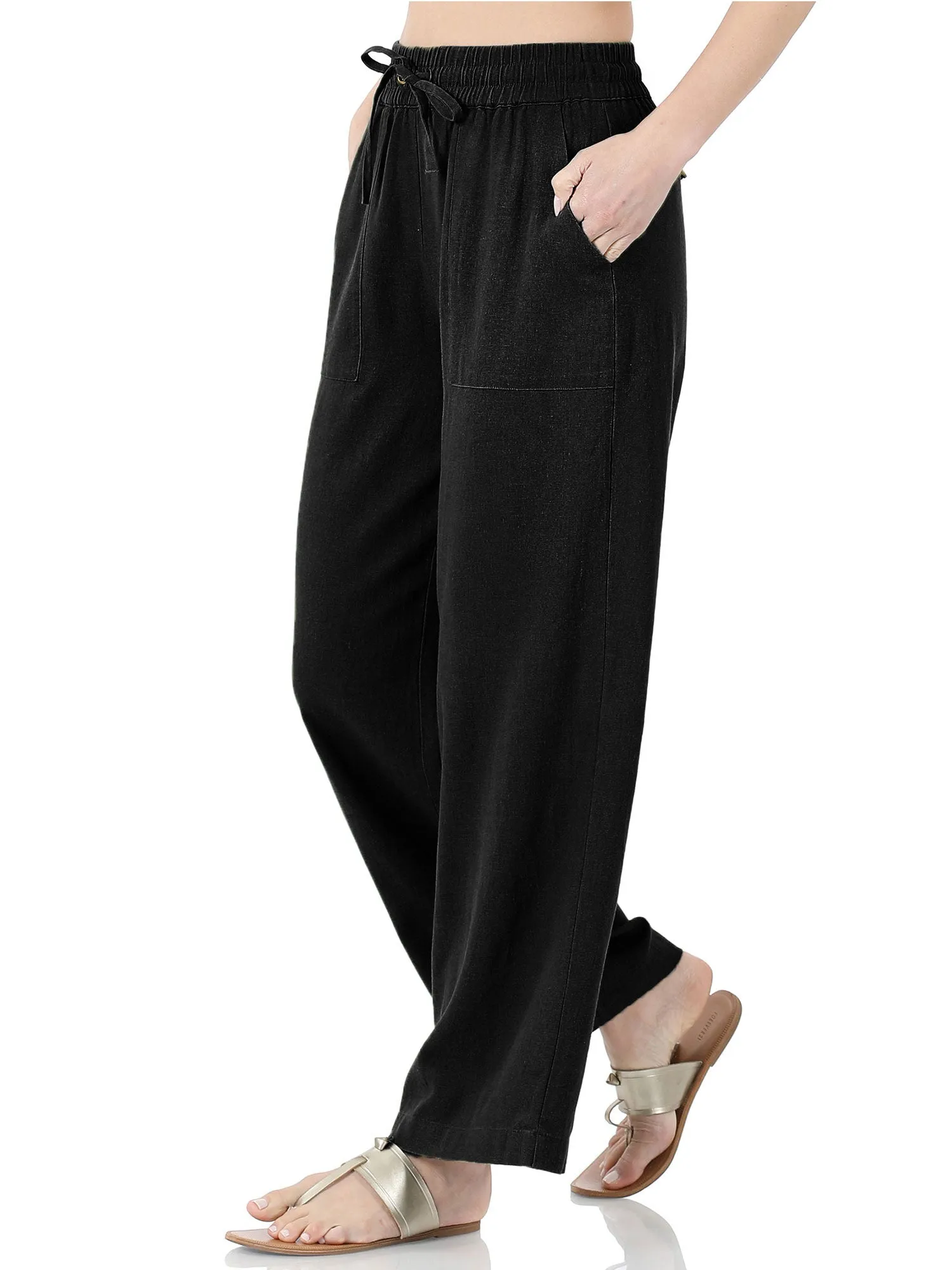 Womens Casual Linen Pants with Waist Drawstring and Side Pockets