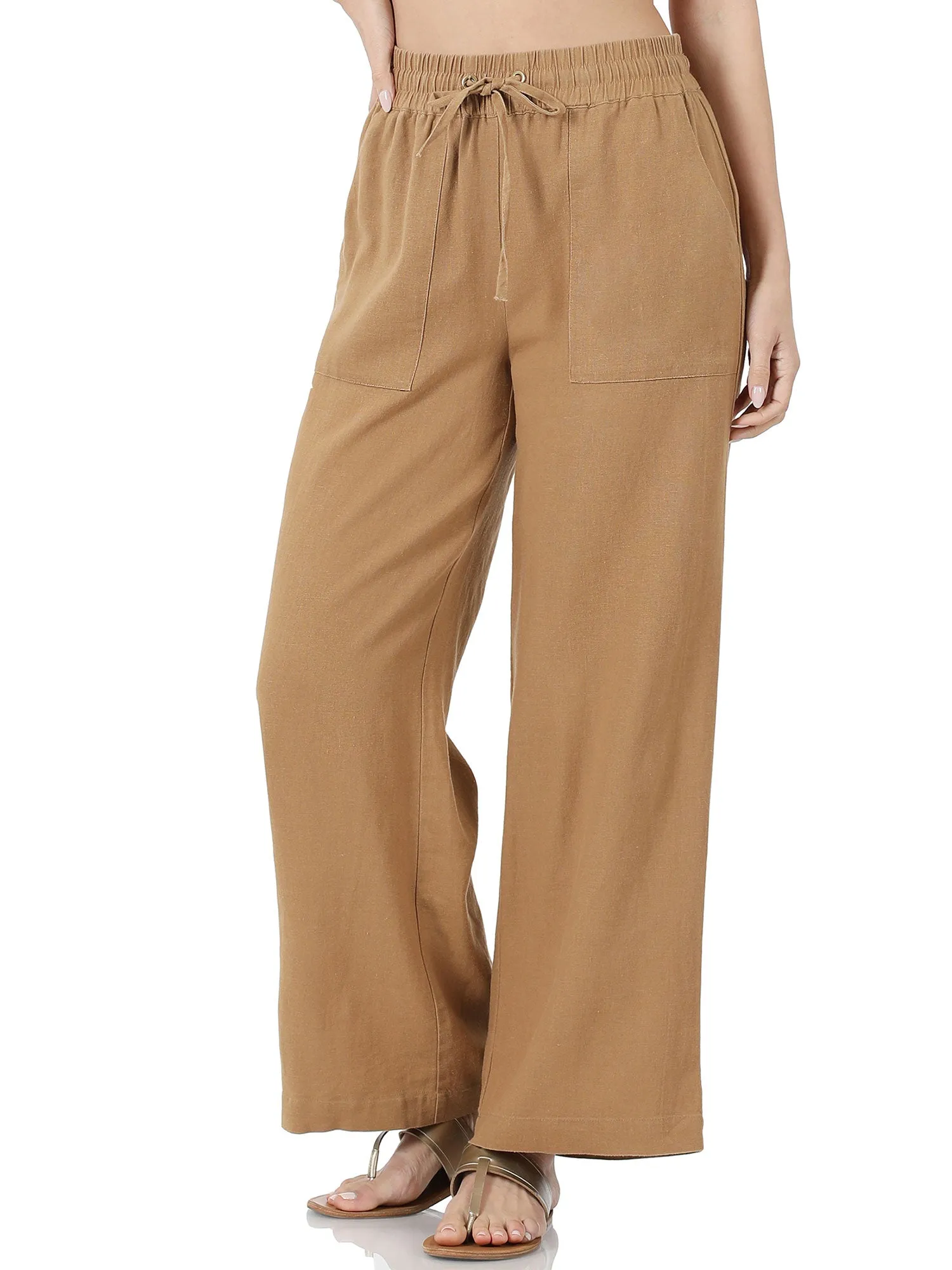 Womens Casual Linen Pants with Waist Drawstring and Side Pockets