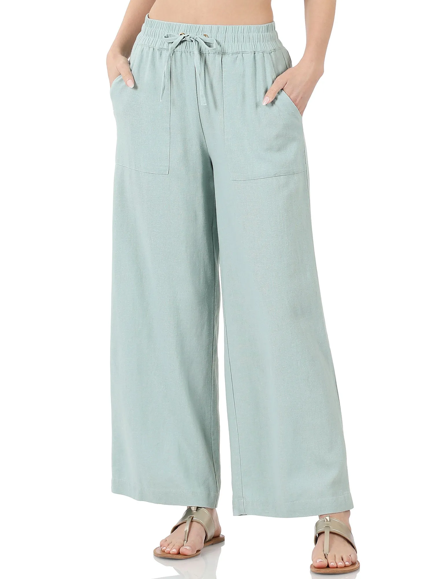 Womens Casual Linen Pants with Waist Drawstring and Side Pockets