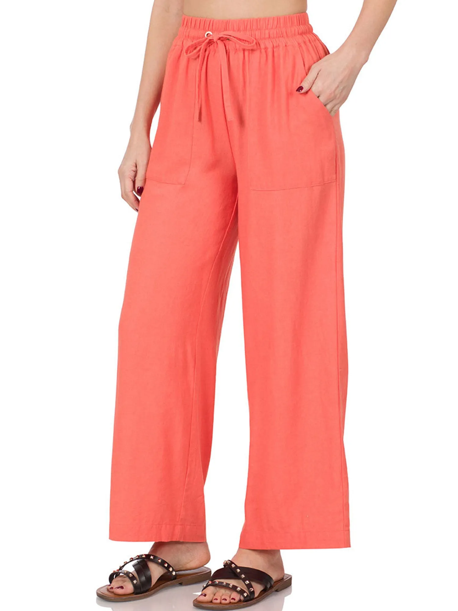 Womens Casual Linen Pants with Waist Drawstring and Side Pockets