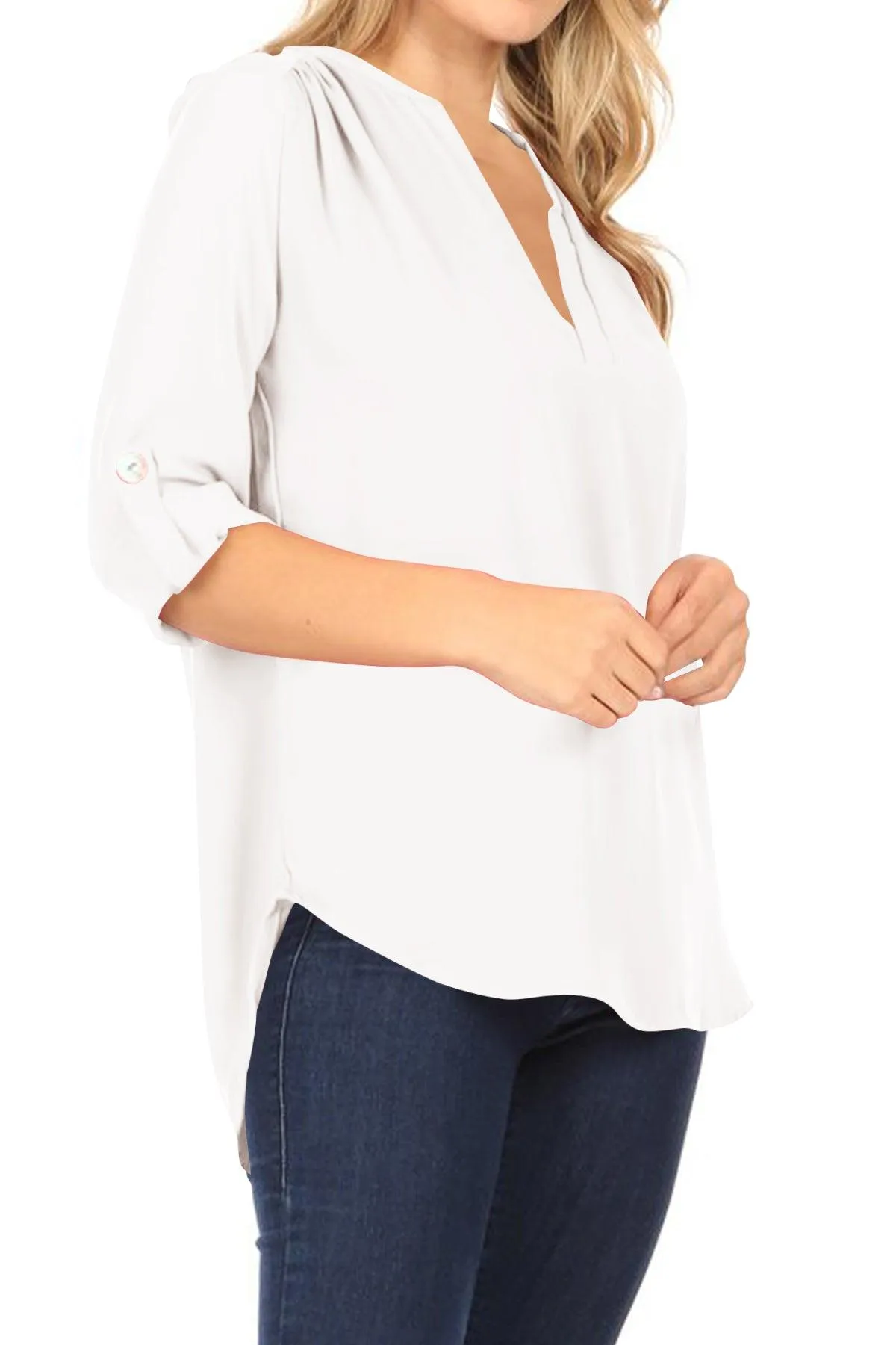 Women's Casual V-Neck Woven Roll Up Sleeve Lightweight Relaxed Fit Office Blouse Top