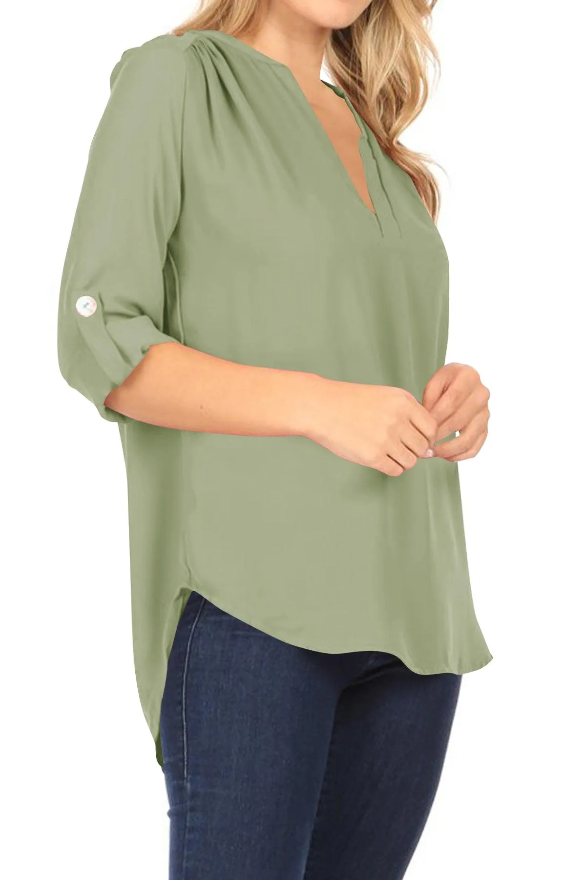 Women's Casual V-Neck Woven Roll Up Sleeve Lightweight Relaxed Fit Office Blouse Top