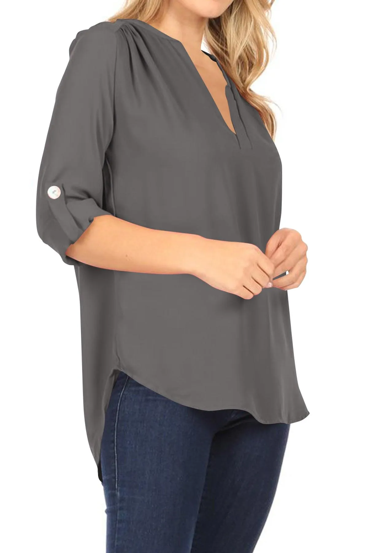 Women's Casual V-Neck Woven Roll Up Sleeve Lightweight Relaxed Fit Office Blouse Top