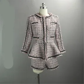 Women's Designer Inspired CUSTOM MADE Hand Made Checked Tweed Jacket Coat Blazer   Shorts Pink