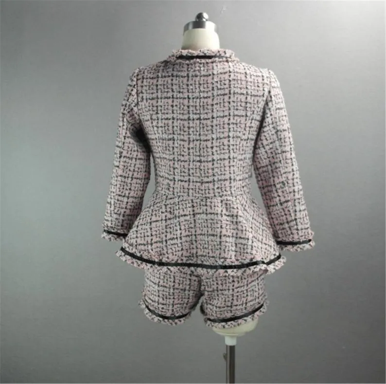 Women's Designer Inspired CUSTOM MADE Hand Made Checked Tweed Jacket Coat Blazer   Shorts Pink