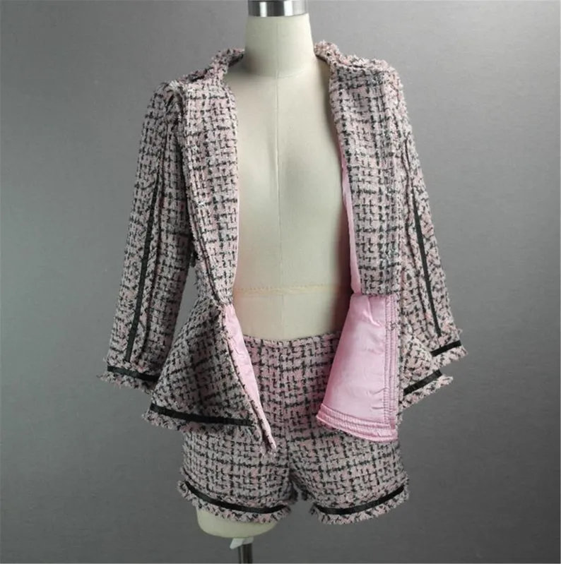 Women's Designer Inspired CUSTOM MADE Hand Made Checked Tweed Jacket Coat Blazer   Shorts Pink