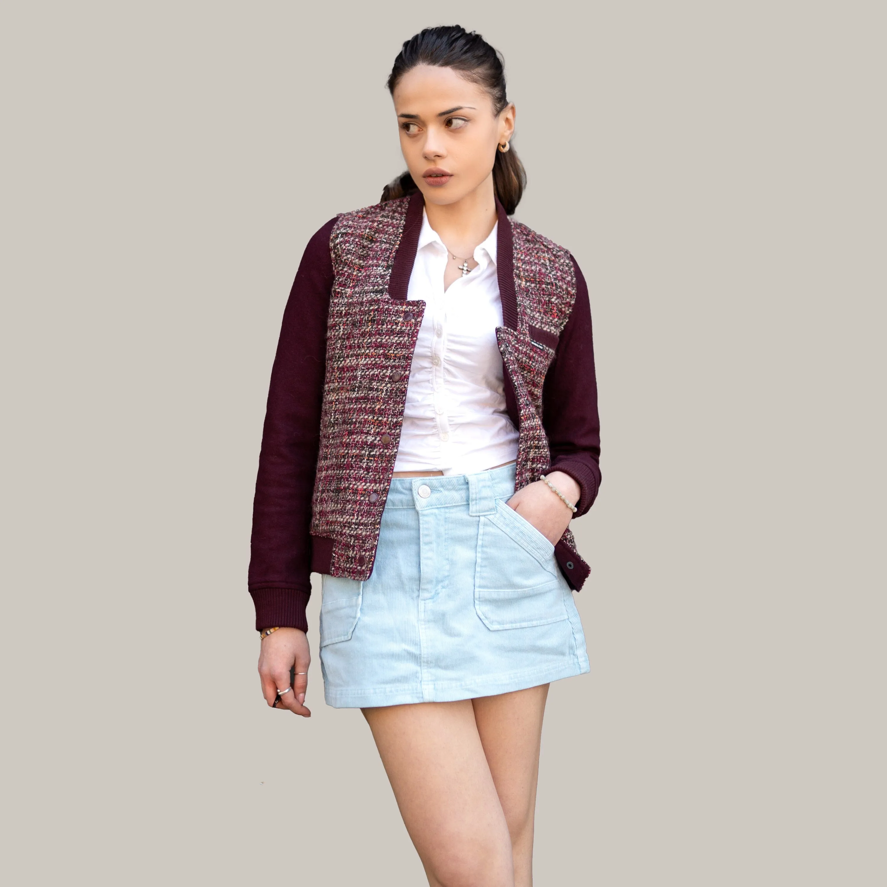 Women's Updated Tweed Varsity Jacket with Contrast Sleeve